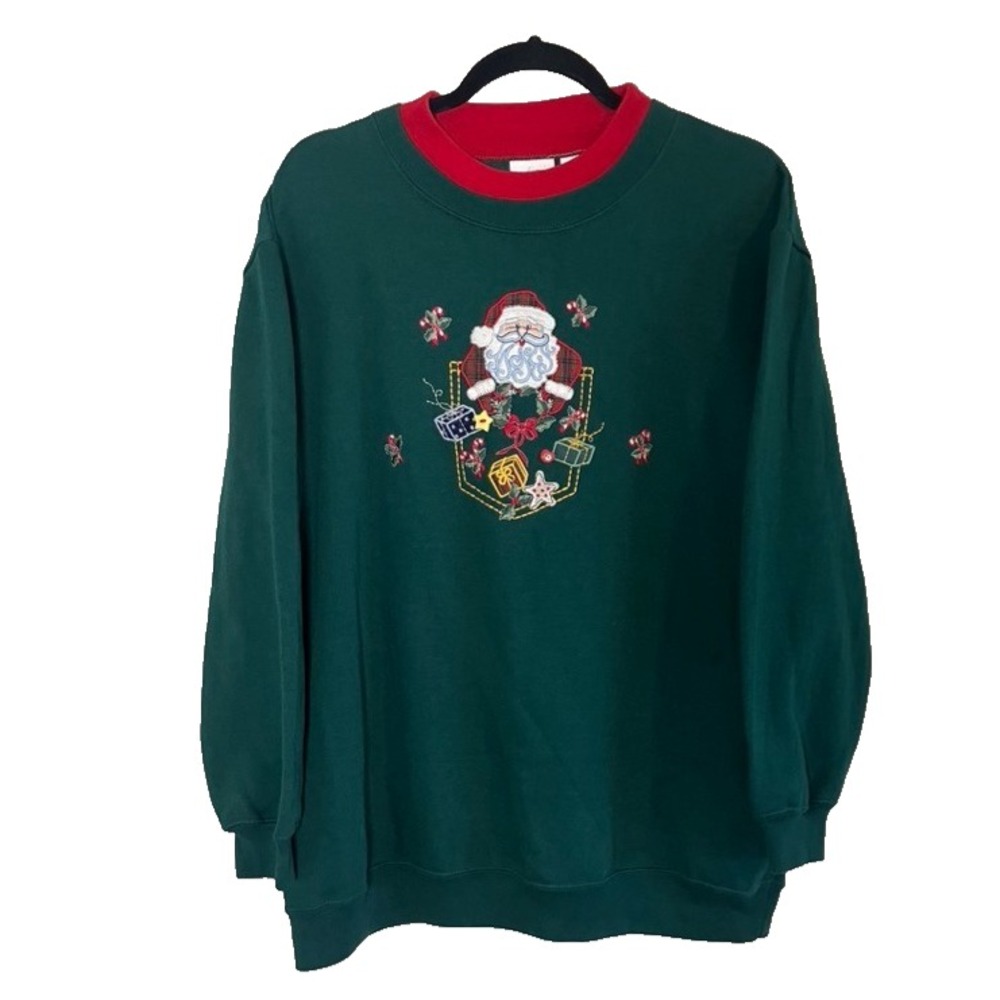 Vintage Christmas Embroidered Sweatshirt L Santa Festive Holiday Grandma Cottage